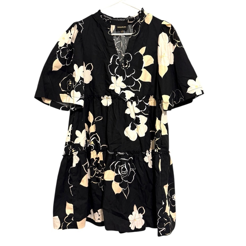 Sugarlips Black Floral Tiered Babydoll Dress Small Pockets Size Small